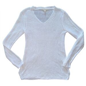 Eileen Fisher White 100% Linen Open Knit V-Neck Blouse Top Sweater Petite P XS S